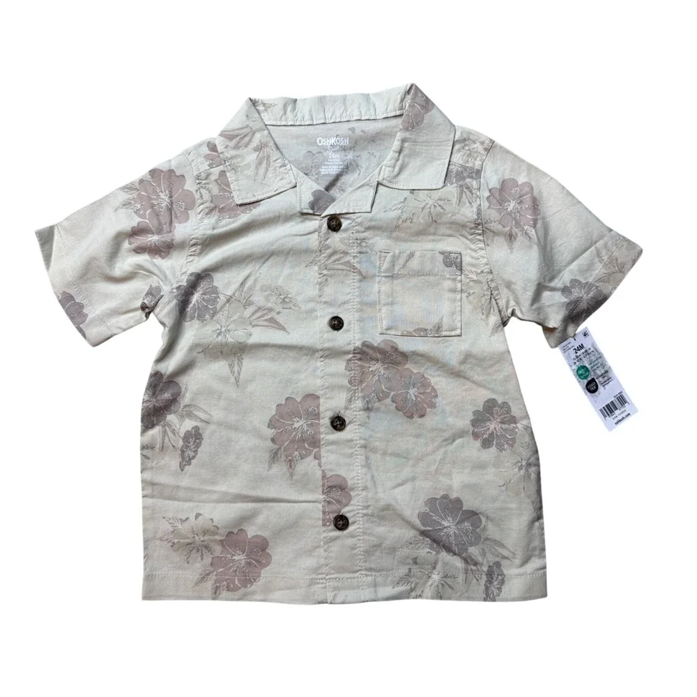 OshKosh Button Down Kids 24M Tan Floral Tropical Camp Shirt Short Sleeve 1S81171